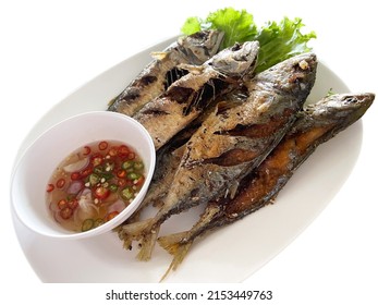 Isolated Fried Short Mackerel Served With Paprika Fish Sauce. Asian Food, Favorite Thailand Seafood Menu.