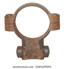 Isolated front view of the base and ring used to mount a riflescope to a gun but is no longer usable to advanced rusting.