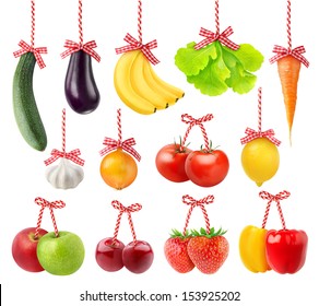 Isolated Fruit Decoration. Fruits And Vegetables As Christmas Decoration Isolated On White Background