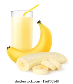 Isolated Fruit Drink. Fresh Banana Shake In A Glass And Banana Pieces Isolated On White Background