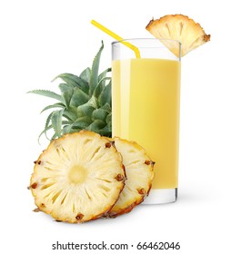 Isolated Fruit Drink. Glass Of Pineapple Juice And Slices Of Pineapple Isolated On White Background