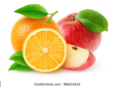 Isolated fruits. Cut red apples and orange fruits isolated on white background with clipping path