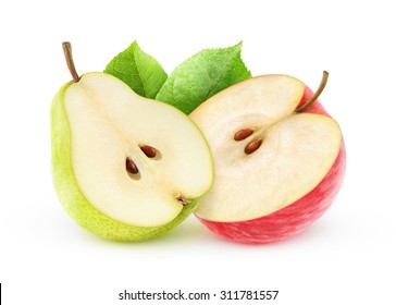 Isolated fruits. Half of red apple and yellow pear (baby food ingredients) isolated on white background, with clipping path