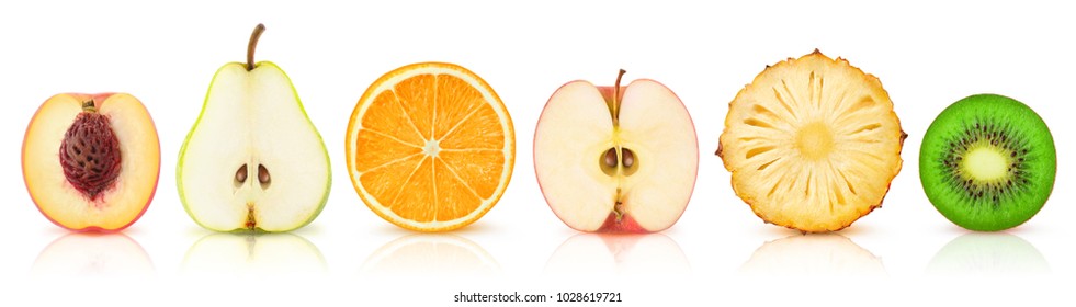 Isolated fruits halves. Cut peach, pear, orange, apple, pineapple and kiwi in a row isolated on white background with clipping path