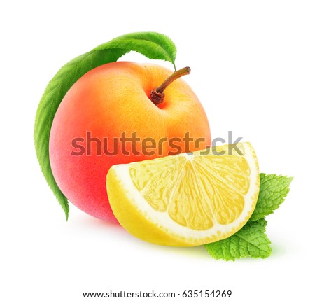 Isolated fruits. Whole peach fruit and slice of lemon isolated on white background with clipping path
