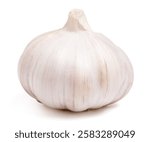 Isolated garlic. Front view fresh peeled garlic cloves, bulb with garlic slices isolated on white background. clipping path.