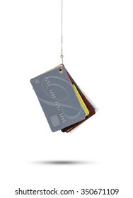 isolated generic credit cards on a fishing hook and line.