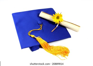 Isolated Graduation Cap With Diploma And Flower