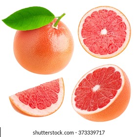 Isolated grapefruits. Collection of whole pink grapefruit and slices isolated on white background with clipping path