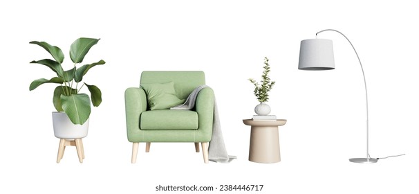 Isolated green armchair and plant on white background