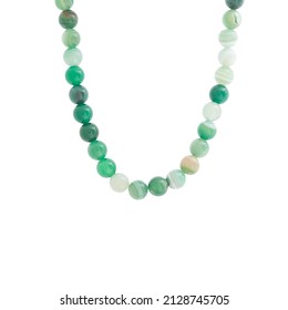 Isolated Green Bead Necklace.  Natural Green Veins Agat Onyx Carnelian Stone.