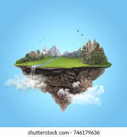Isolated green island with mountain and waterfall flying high in the blue sky