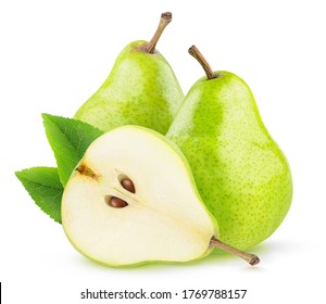 Isolated green pear fruits. Two green pears and a half with seeds isolated on white background - Shutterstock ID 1769788157