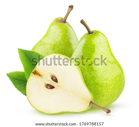 Isolated green pear fruits. Two green pears and a half with seeds isolated on white background