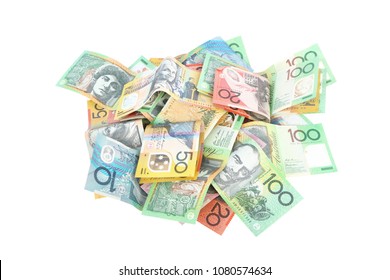 Isolated Group Of Colorful Australian Money Banknote Dollar (AUD) Pile On White Background