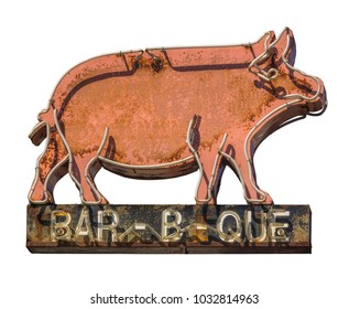 Isolated Grungy Rustic Old Neon Pig Sign For A Bar-B-Que (Barbecue) Diner - Powered by Shutterstock