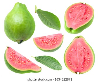 Isolated guava. Collection of green pink fleshed guava fruit pieces and leaves isolated on white background with clipping path