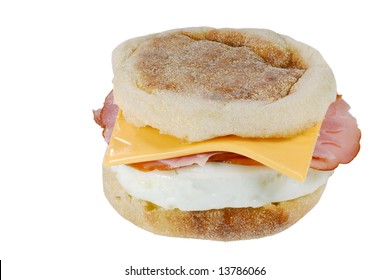 Isolated Ham Cheese Egg On An English Muffin On A White Background