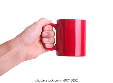 Isolated Hand Holding Big Red Coffee Mug