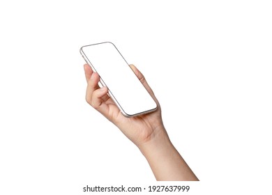 Isolated of Hand holding smartphone with blank screen frame on white background for mockup template. Mobile phone device concept. - Powered by Shutterstock