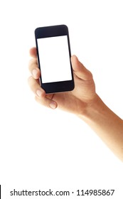 Isolated Hand Holding Smartphone Or Phone, Two Clipping Path Is In Jpg, Hand Outline And The Phone Screen.