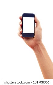 Isolated Hand Holding Smartphone Or Phone, Two Clipping Path Is In Jpg, Hand Outline And The Phone Screen.