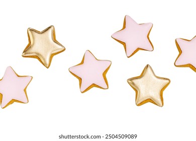 Isolated, holiday ginger cookies in the form of stars glazed sugar icing decoration on white background. Christmas pastries - Powered by Shutterstock