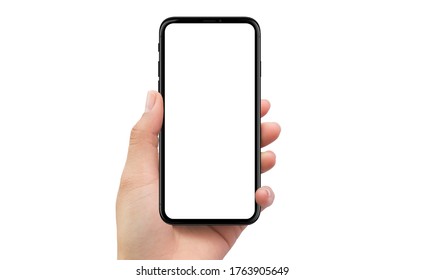 Isolated Human Left Hand Holding Black Mobile Smart Phone Device Mockup White Background