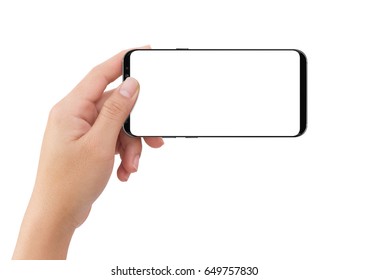 Isolated Human Left Hand Holding Black Mobile White Screen Smart Phone Mockup