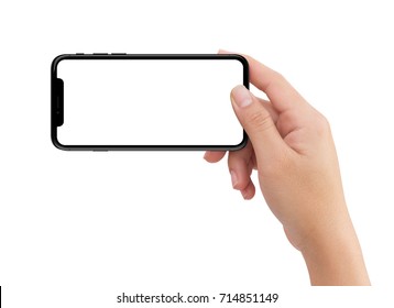 Isolated Isolated Human Right Hand Holding Black Horizontal Smartphone Phone On White Background