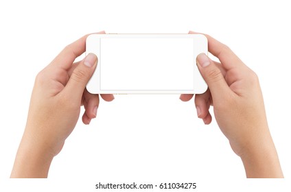 Isolated Human Two Hands Holding White Mobile Smart Phone Mockup On White Background