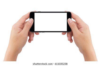 Isolated Human Two Hands Holding Black Mobile Smart Phone Mockup On White Background