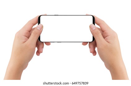 Isolated Human Two Hands Holding Black Mobile White Screen Smart Phone Mockup