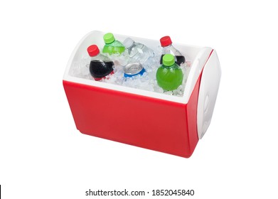 An Isolated Ice Chest Cooler Filled With Ice And Soft Drinks Such As Water And Soda.