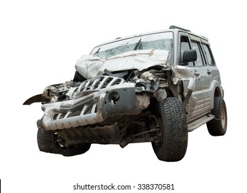 An isolated image of a crashed, wrecked and totalled SUV or jeep. Insurance claims pending!