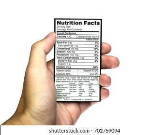 An isolated image of a hand holding a small white paper sheet of nutrition facts in the palm