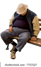 Isolated Image Of A Heavy Older Gentleman Who Has Fallen Asleep On A City Bench.