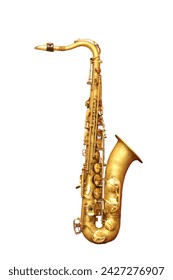 An isolated image showcasing the elegant curves and rich tones of a tenor saxophone, perfect for projects evoking the soulful essence of jazz and music.