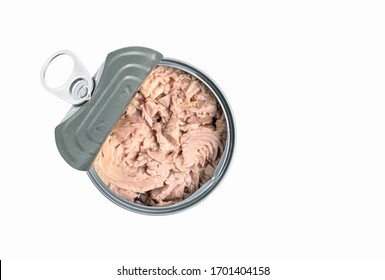 Isolated Image, Top View Canned Tuna Chunk In Can, Open Canned Food With Lid Cover Is Opened. Healthy Tuna Meat In Salt Water.