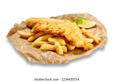 Isolated images of fish and chips, in brown paper, with a wedge of lemon. - Powered by Shutterstock