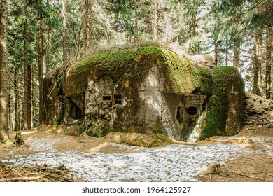 Isolated infantry casemate built in woods and mountainous terrain in Eagle (Orlicke) Mountains, Czech Republic. Czechoslovak pre-war military border fortification system constructed from 1935 to 1938