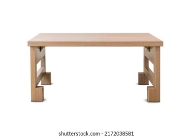 A isolated Japanese folding table made of wood is set at the center of the picture, suitable for eating or reading, on a white background. Clipping path.