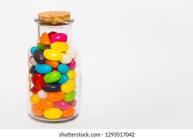 Isolated Jelly Bean Jar, Room For Text. Colorful Candy Treats, Sugar Treats.