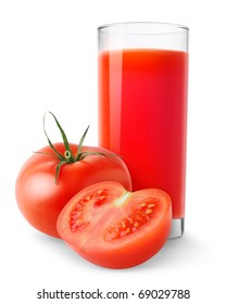 Isolated juice. Glass of tomato juice and cut tomatoes isolated on white background