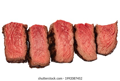 isolated juicy rib-eye beef steak. Juicy pieces of low-roasted beef isolate. Cut steak into 5 pieces - Shutterstock ID 1992087452