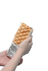 Isolated Kebab Wrapped In Tortillas In Hand On White Background, Hot Sandwich