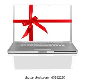 Isolated Laptop On White Wrapped In A Red Gift Bow