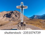 Isolated Large Religious Catholic Crucifix Cross, Outdoor Landmark at Entrance to Famous Mount Aconcagua Provincial Park, Andes Mountain Range Mendoza Argentina