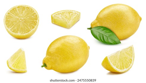 Isolated lemon with leaf. Lemon on white background with clipping path. As design element.
