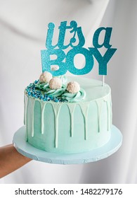 Isolated Light Blue Baby Shower Cake With Blue 